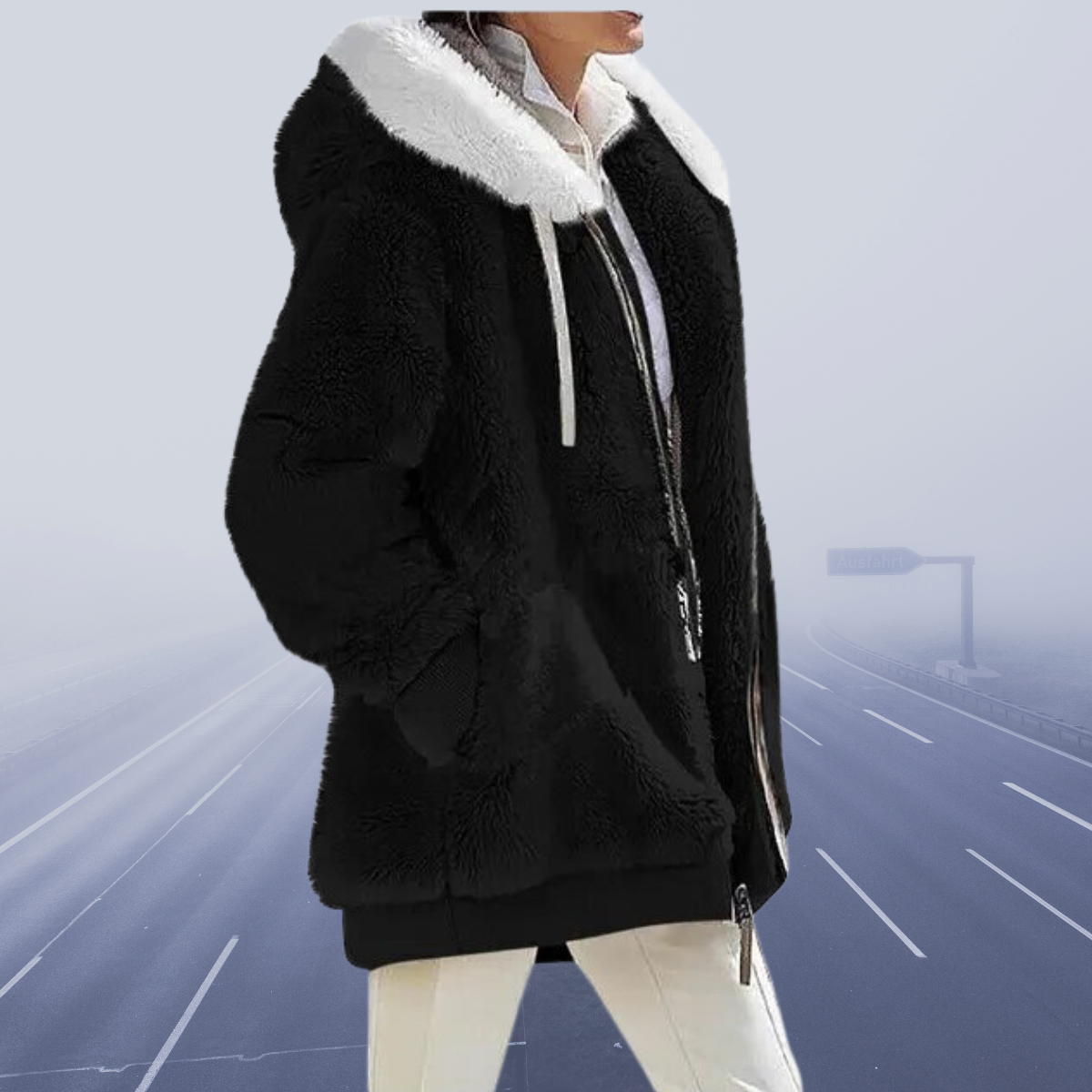 Flauschige Zip-up-Jacke mit Kapuze für Damen