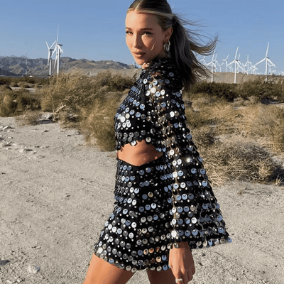 Beatrice | Ausgestellter Ärmel Glitzerndes Pailletten-Minikleid mit Cut-Out-Detail