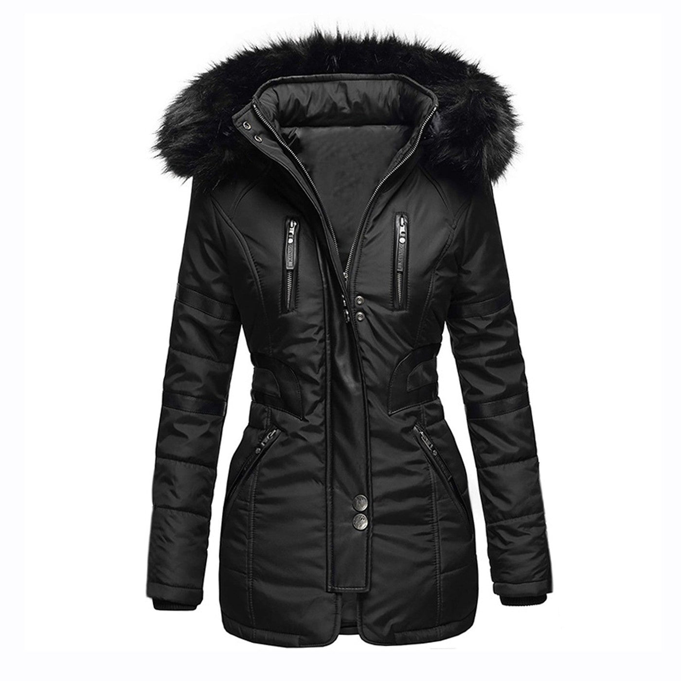 Eleganter damen-wintermantel mit kapuze und wolle