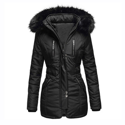 Eleganter damen-wintermantel mit kapuze und wolle