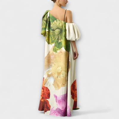 Skylar - Floral Print Maxi Dress with Asymmetrical Neckline and Puff Sleeves