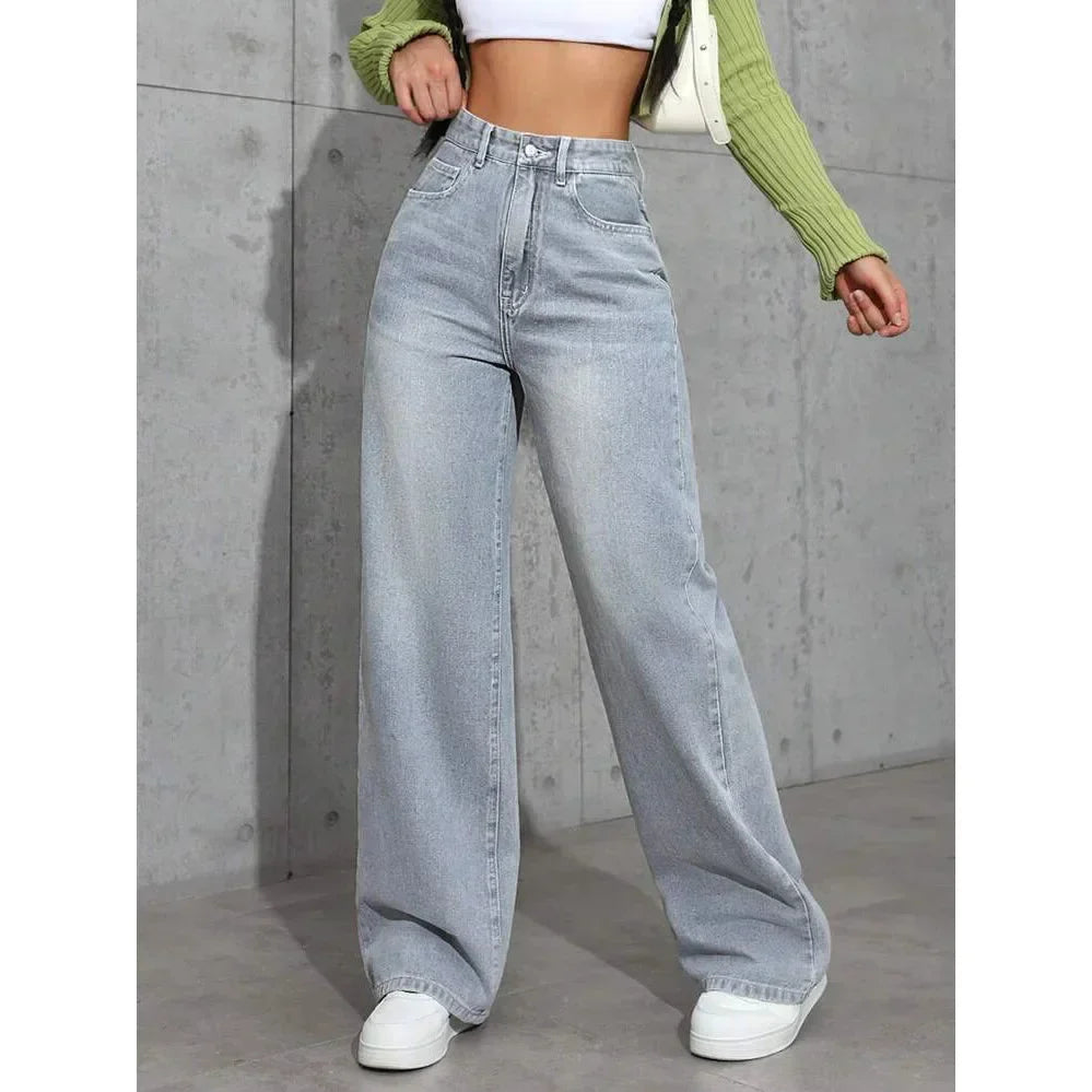 Damen Baggy Jeans mit Hohem Bund und Weitem Bein