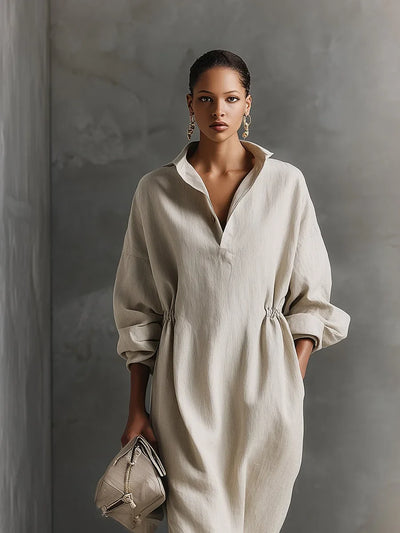 Damen Beige Maxikleid mit Langärmeln und Kragen