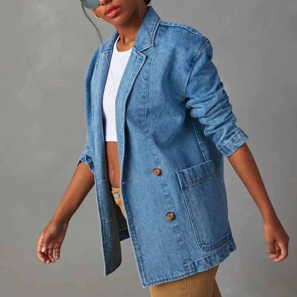 Damen Denim Blazer mit Taschen und Knopfdetails