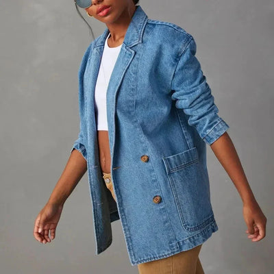 Damen Denim Blazer mit Taschen und Knopfdetails
