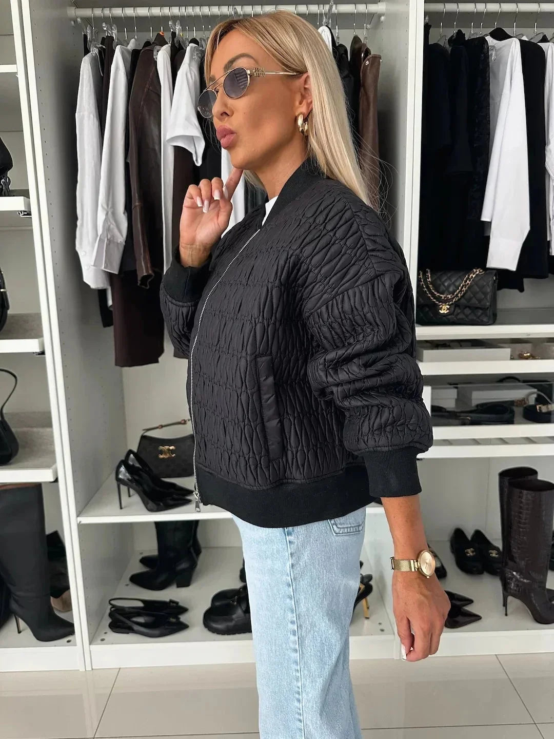 Gesteppte Bomberjacke für Damen mit Reißverschluss und gerippten Bündchen