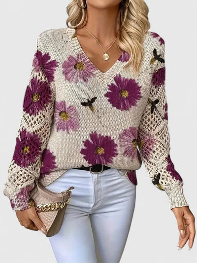 Damenpullover mit Floralmuster und V-Ausschnitt