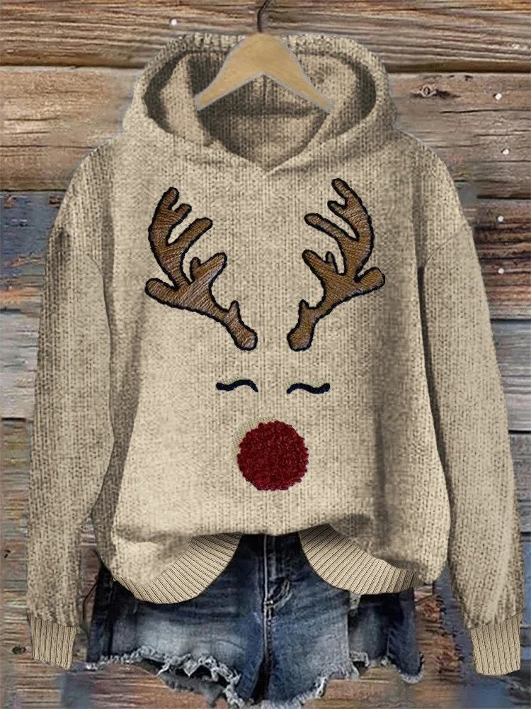 Aurora® | Gemütlicher Strick-Hoodie mit weihnachtlicher Rentiergesicht-Stickerei