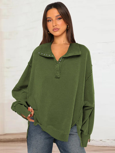 Kinsley® | Lässiges Sweatshirt mit Reverskragen, Knopfleiste und Puffärmeln