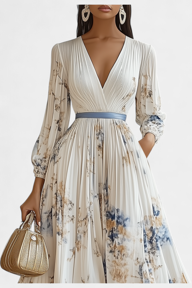 Phaedra Langes Plissiertes Chiffonkleid mit Puffärmeln