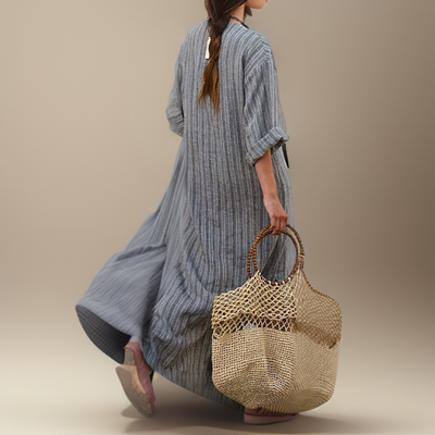 Hailey┃Lässiges Maxikleid mit Vintage-Streifen und V-Ausschnitt