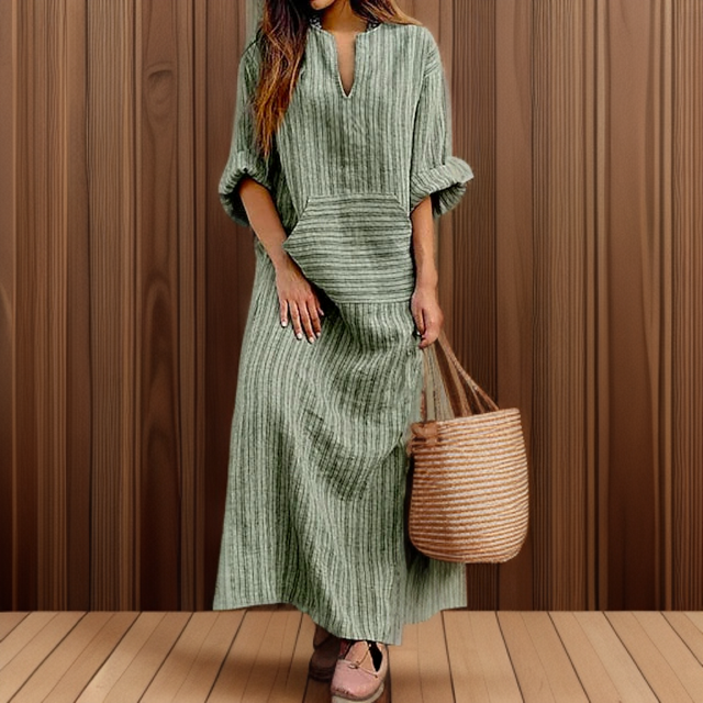 Hailey┃Lässiges Maxikleid mit Vintage-Streifen und V-Ausschnitt