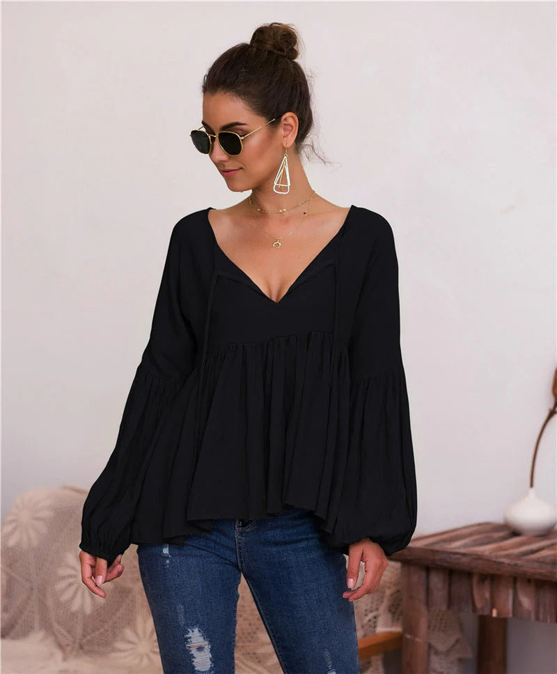Sheila - Bluse mit Puffärmel und V-Ausschnitt