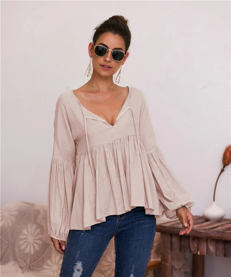 Sheila - Bluse mit Puffärmel und V-Ausschnitt