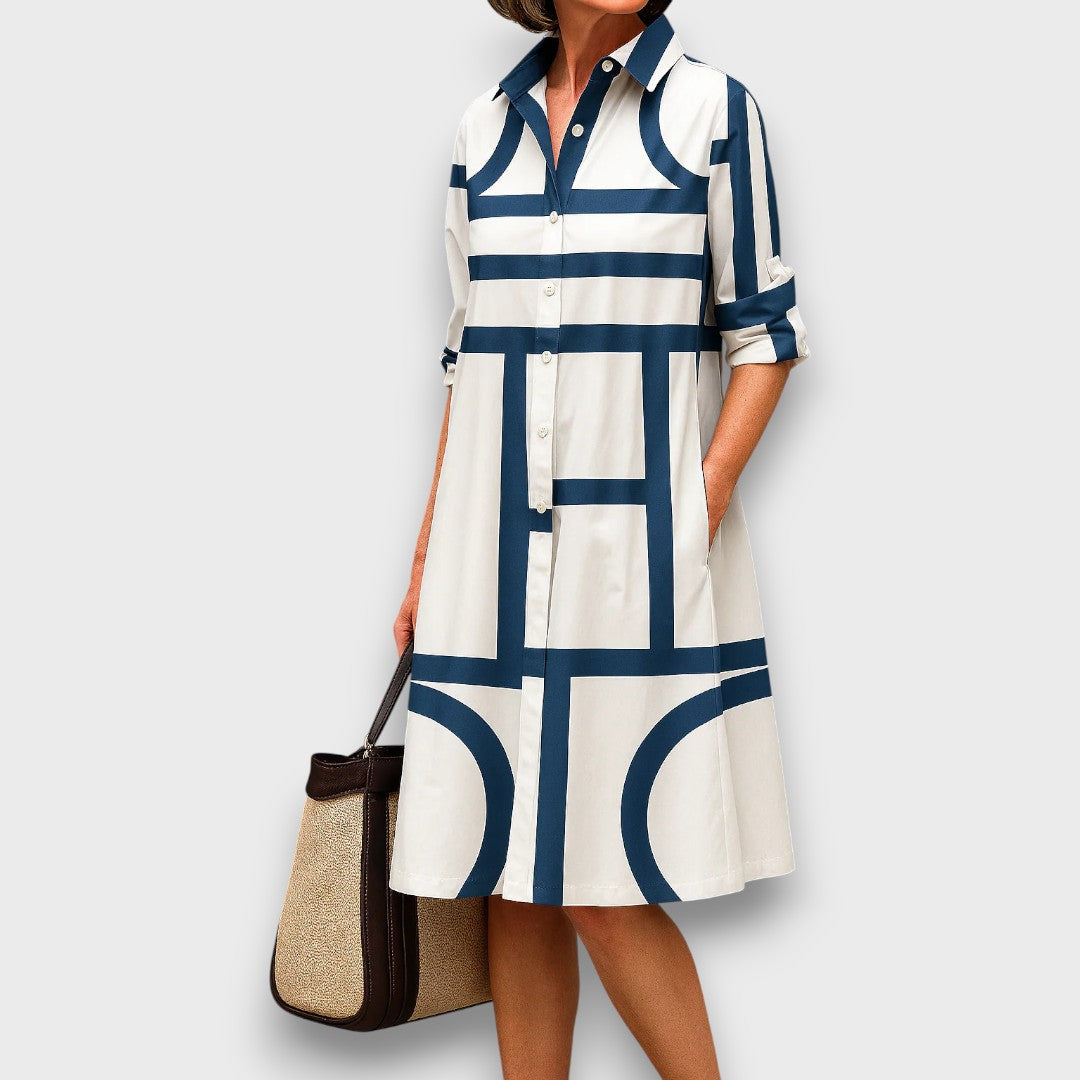 Élodie – Hemdblusenkleid mit architektonischem Schwarz-Weiß-Muster