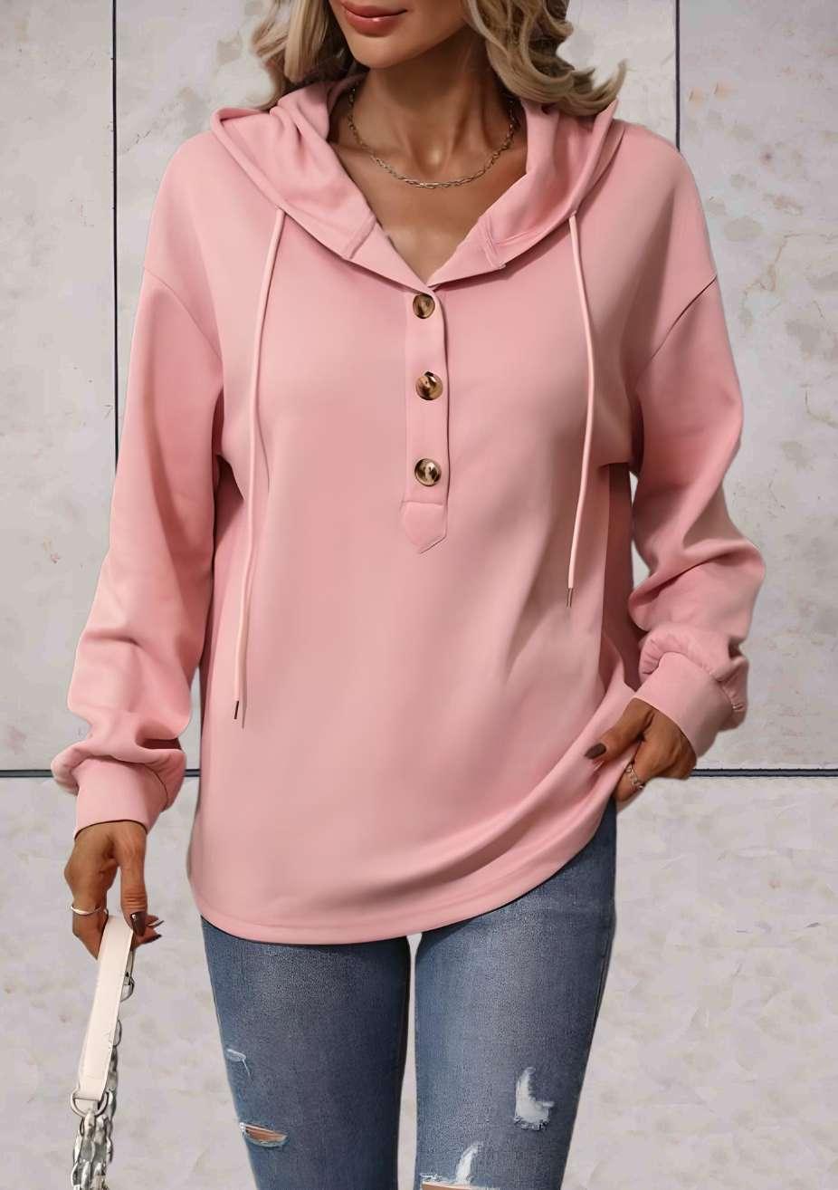 Angélica® | Langes einfarbiges Sweatshirt mit Kapuze und Knöpfen vorne