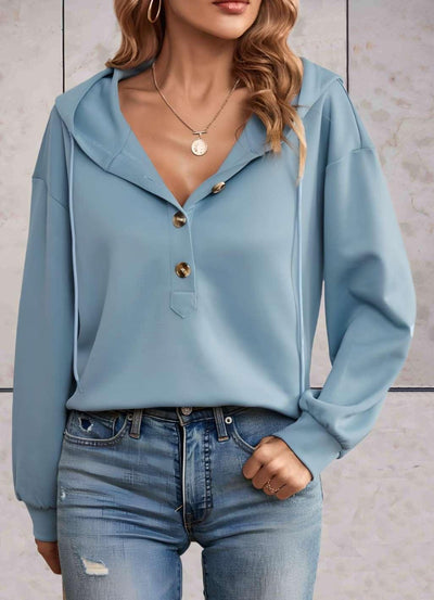 Angélica® | Langes einfarbiges Sweatshirt mit Kapuze und Knöpfen vorne