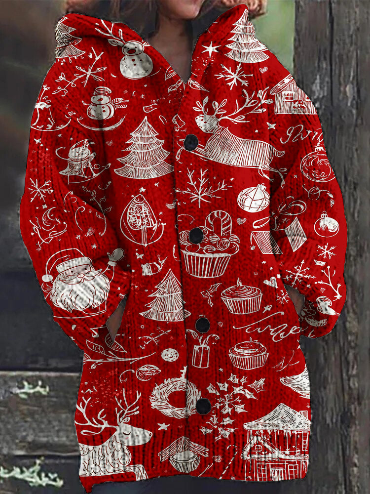 Katherine® | Lange Kapuzenjacke mit Weihnachtsdruck und Knöpfen