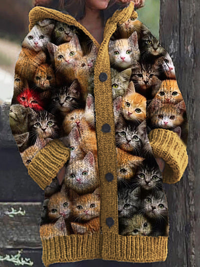 Leonor® | Lässige, warme Kapuzen-Strickjacke für Damen mit Katzenmuster