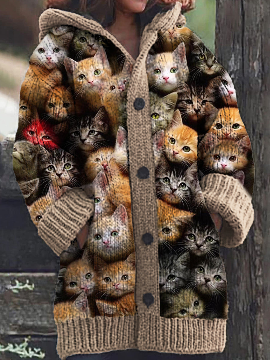 Leonor® | Lässige, warme Kapuzen-Strickjacke für Damen mit Katzenmuster