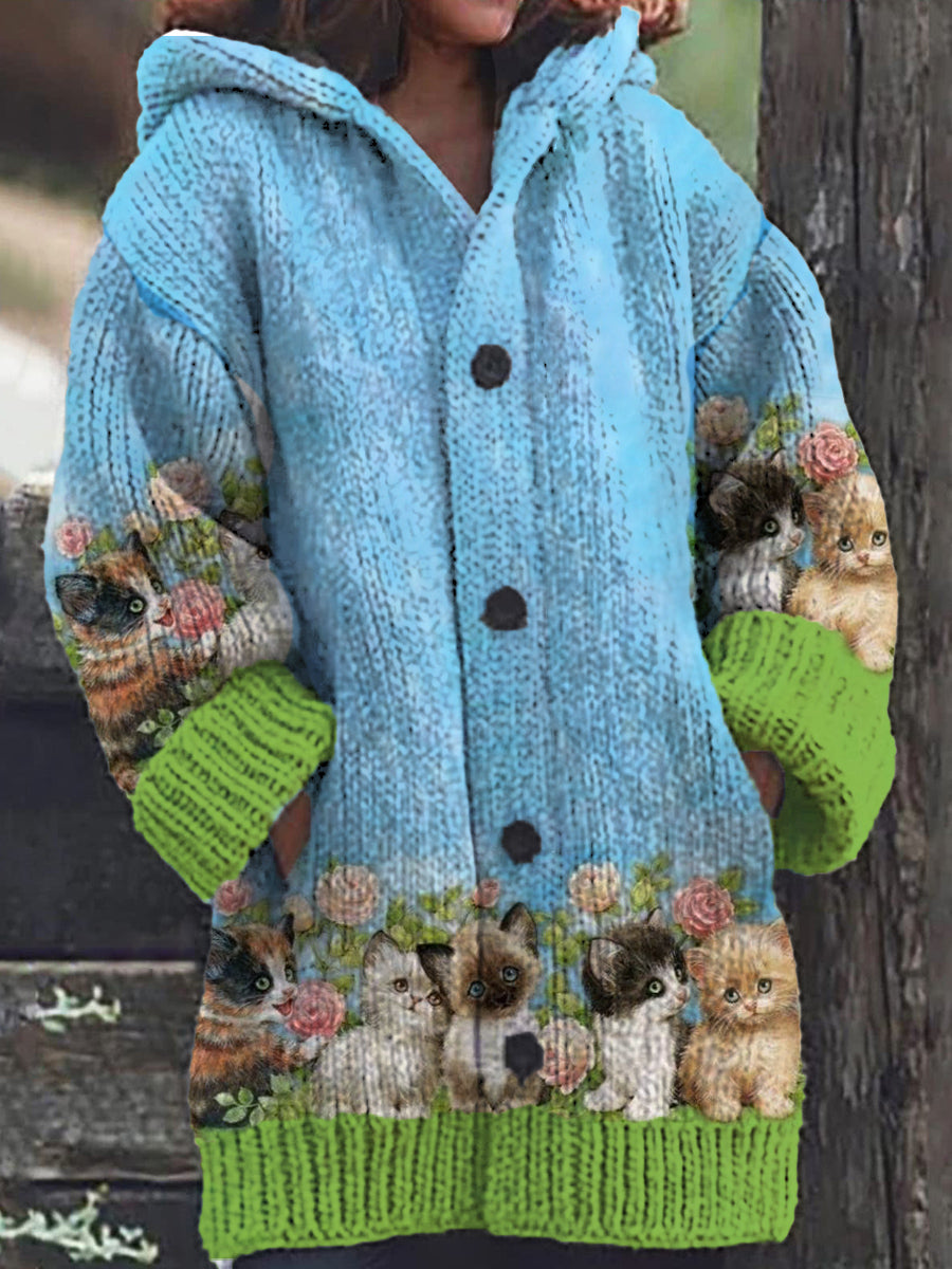 Vania® | Entspannter, warmer Kapuzen-Cardigan mit Knopfleiste und Farbblockmuster von Fleur