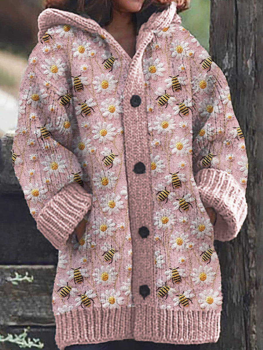 Delfina® | Warmer Freizeit-Hoodie-Cardigan mit Bienen-Tiermotiv und Knöpfen