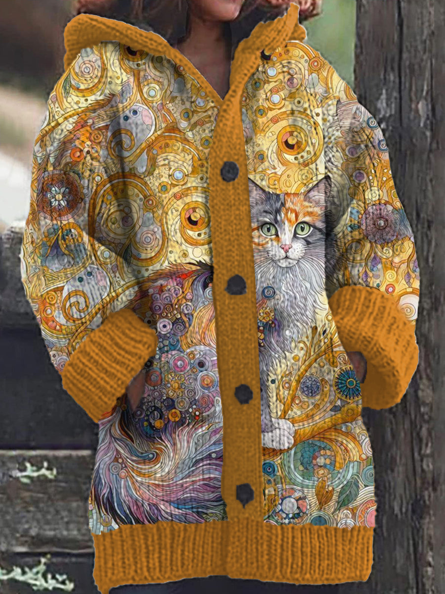 Trinidad® | Lässige, bequeme Strickjacke mit Kapuze und Katzenmuster