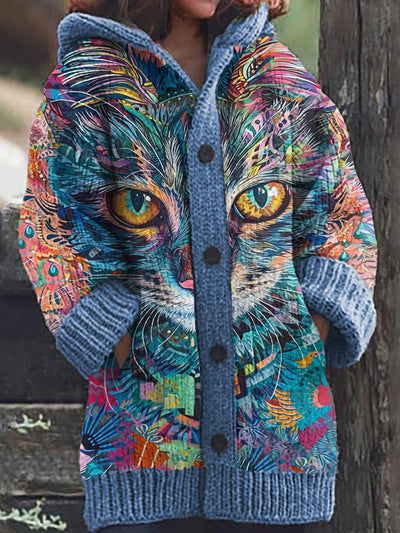 Trinidad® | Lässige, bequeme Strickjacke mit Kapuze und Katzenmuster