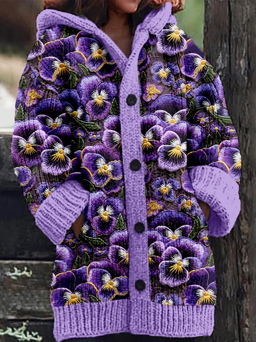 Frida® | Dicker, langärmeliger Kapuzen-Cardigan mit Blumen-Kunstdruck und Knöpfen
