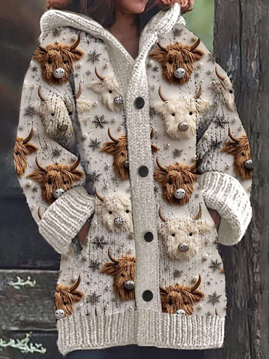 Brenda® | Langärmliger Kapuzenpullover-Cardigan mit dickem Knopf und Kalbsmuster und Stickerei