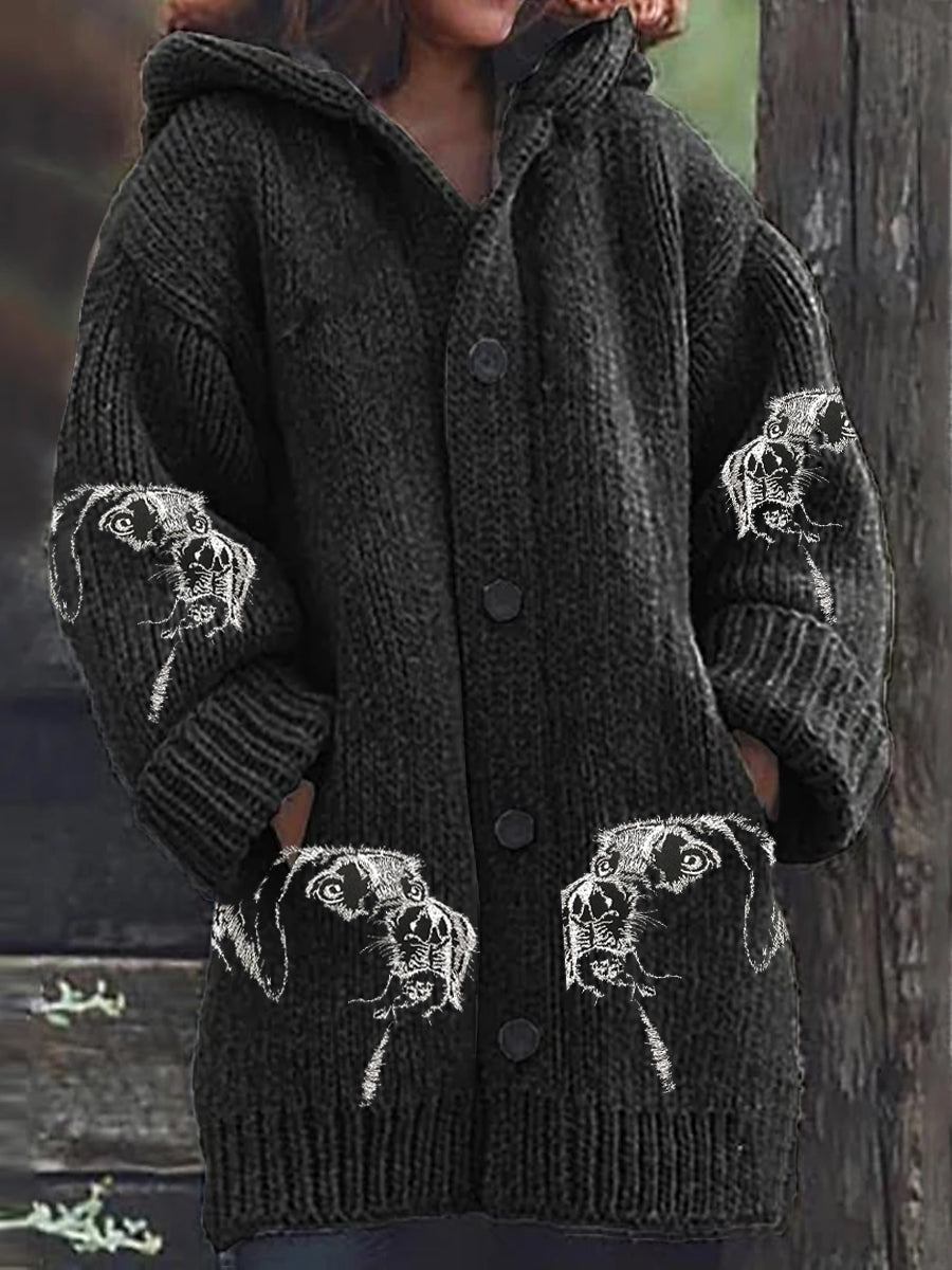 Camila® | Langärmliger Cardigan aus klobigem Sweatshirt mit Hundestickerei und Knöpfen