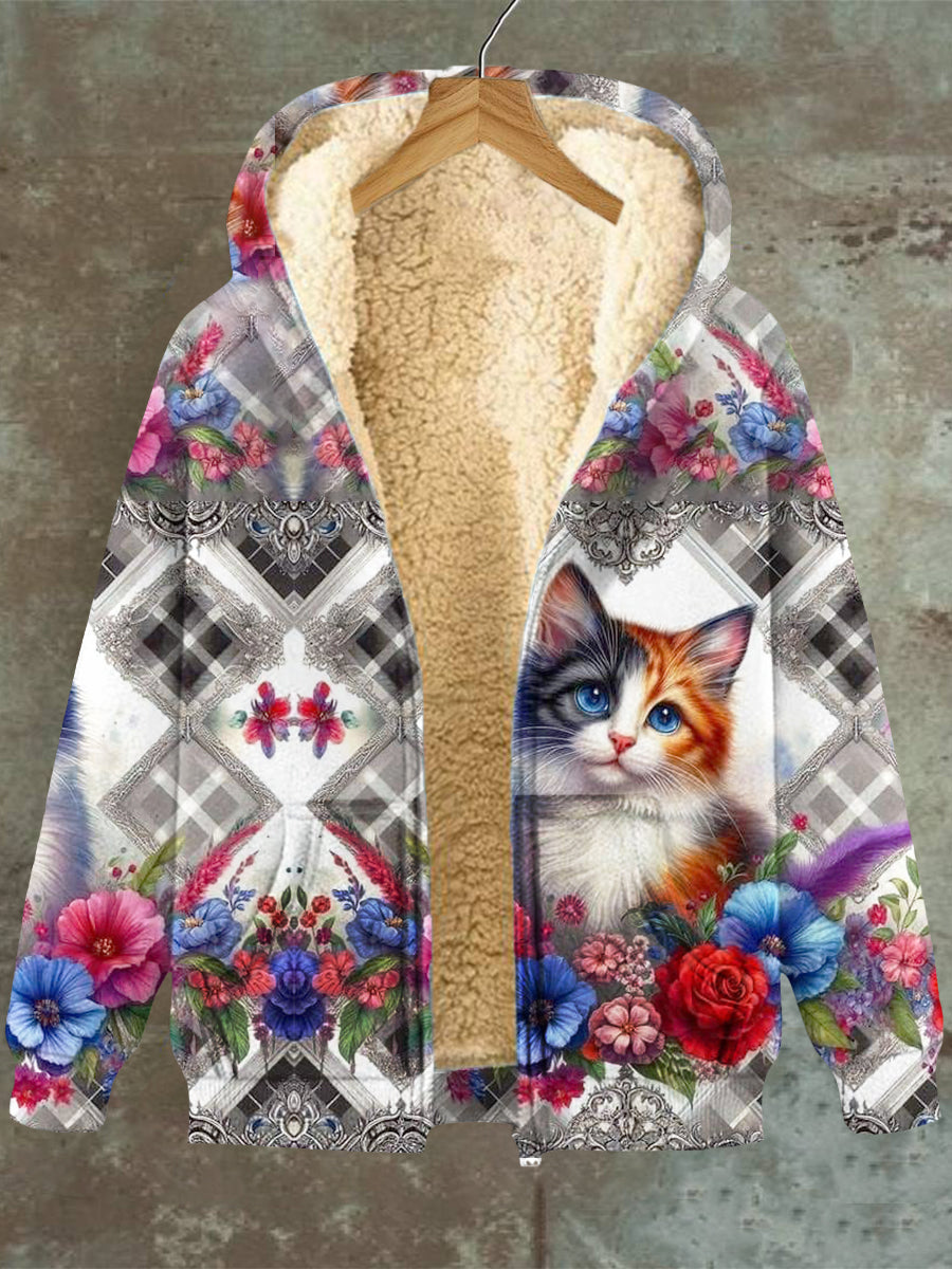 Liliana® | Damen-Fleecejacke mit Katzenblumen-Print, Tasche, Kapuzenpullover und Reißverschluss