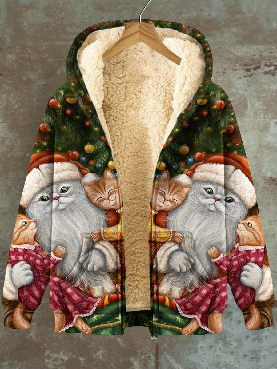 Hilda® | Sweatshirt-Fleecejacke mit Kapuze und Reißverschlusstasche und weihnachtlicher Katzengrafik