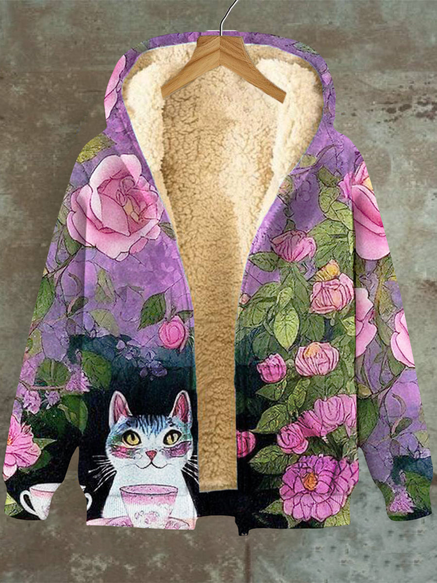 Elisa® | Blumen Katze Kapuzen-Reißverschlusstasche Fleece-Sweatshirt Damen