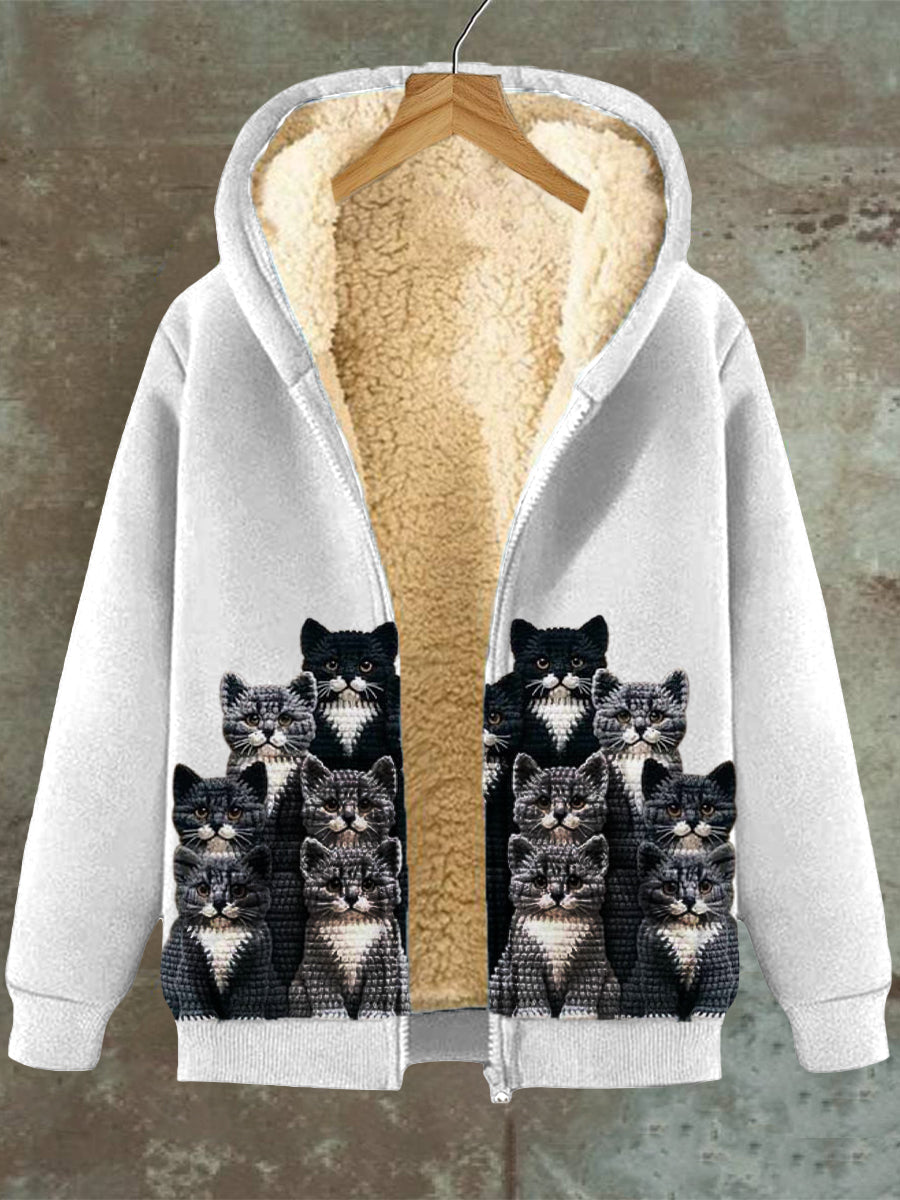 Ornella® | Fleece-Sweatjacke mit Katzenmuster, Kapuze und Reißverschluss, für Damen