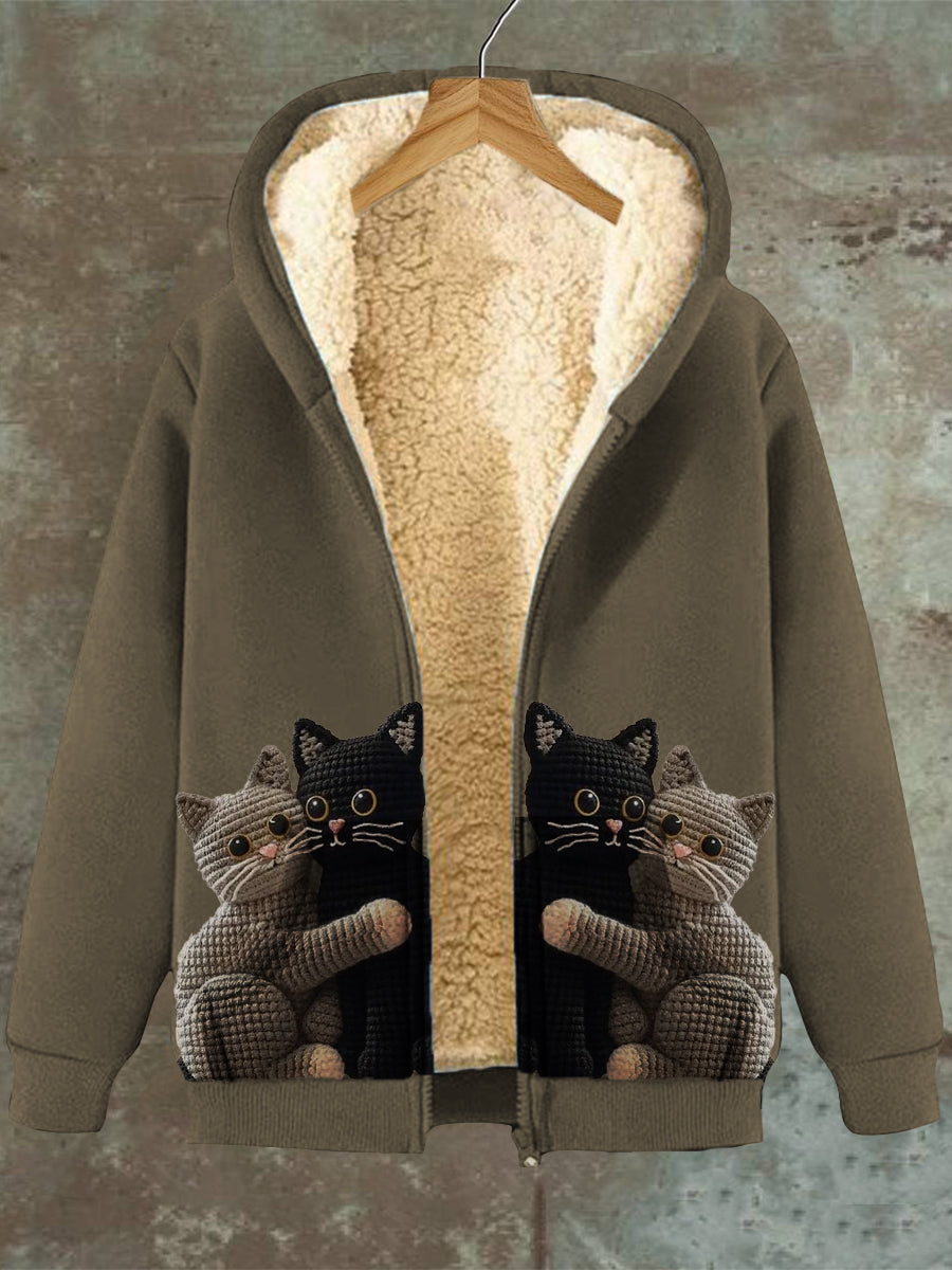 Noelia® | Fleece-Sweatjacke mit Katzenmuster, Kapuze und Reißverschluss, für Damen