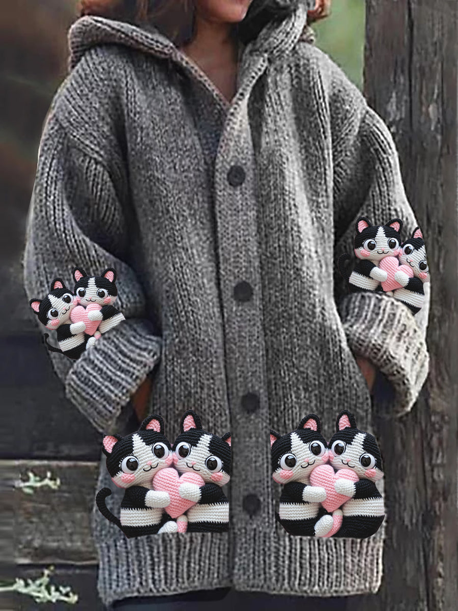Flor® | Sweatshirt-Cardigan mit langen Ärmeln, Retro-Katze-Kunstknopf