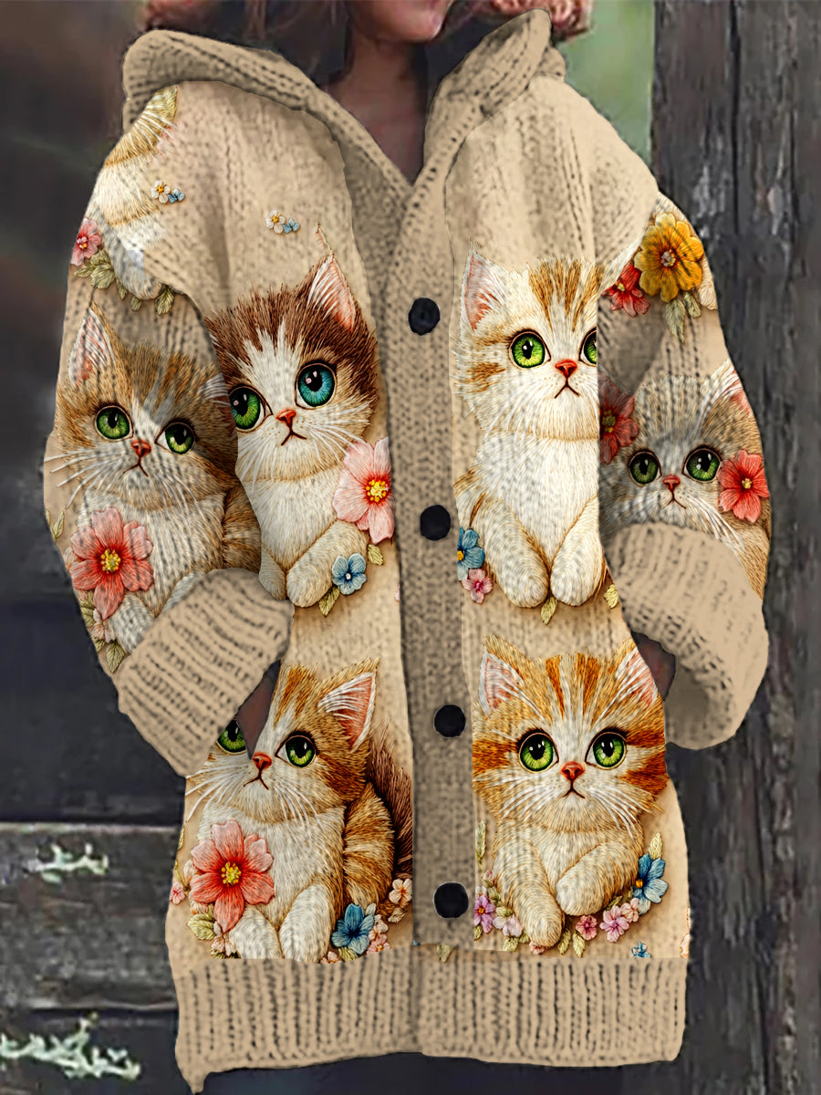 Clara® | Langärmliger Kapuzenpullover mit Retro-Kunstknöpfen und Katze