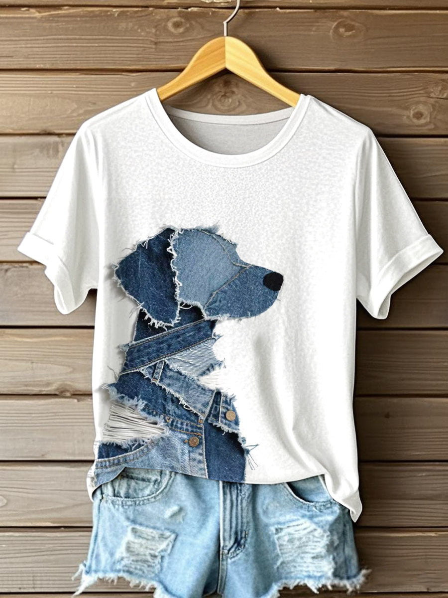 Angela™ | T-Shirt mit Hundemotiv & Denim-Patchwork