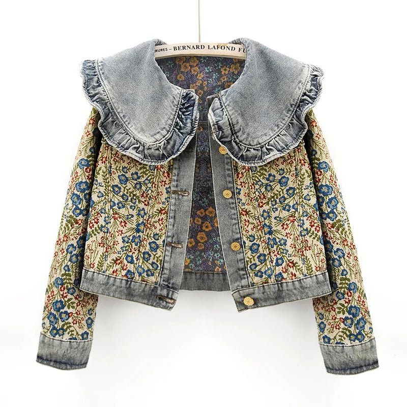 Ana María® | Stilvolle Herbst-Jeansjacke mit Jacquard-Stickerei und Peter-Pan-Kragen für Damen