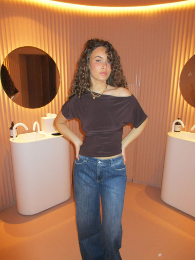 Damen Off-Shoulder Top Stretch Mesh Langarm