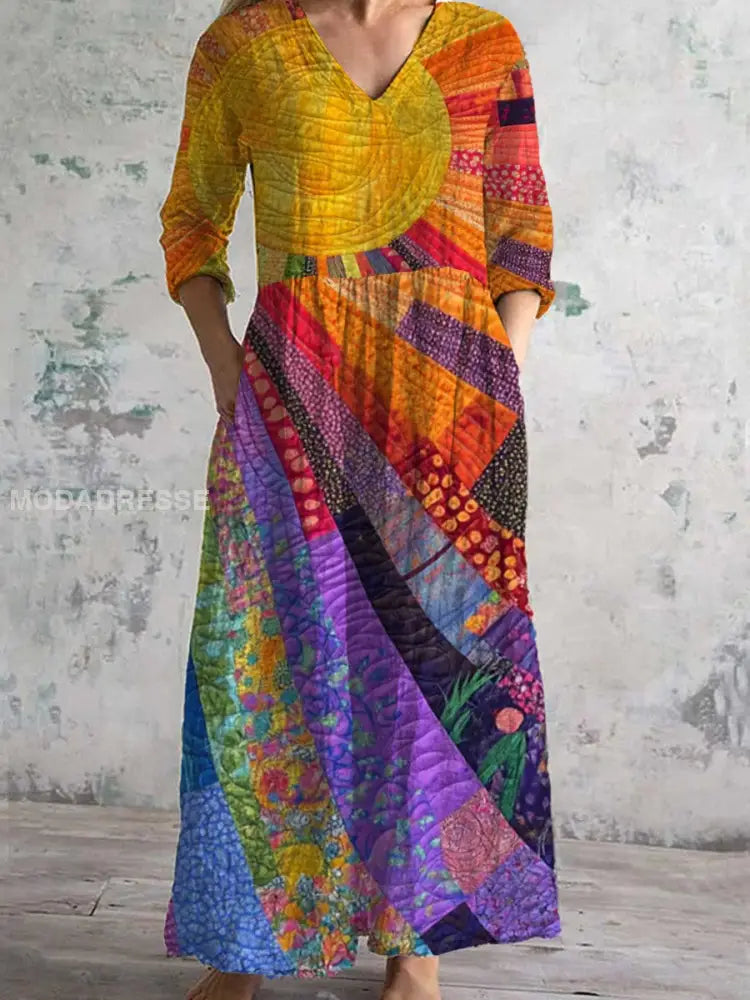 Elegantes Midi-Kleid mit V-Ausschnitt und Dreiviertelärmeln im Vintage-Stil