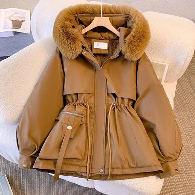 Damen Winterparka mit Kunstfell Kapuze und verstellbarer Taille