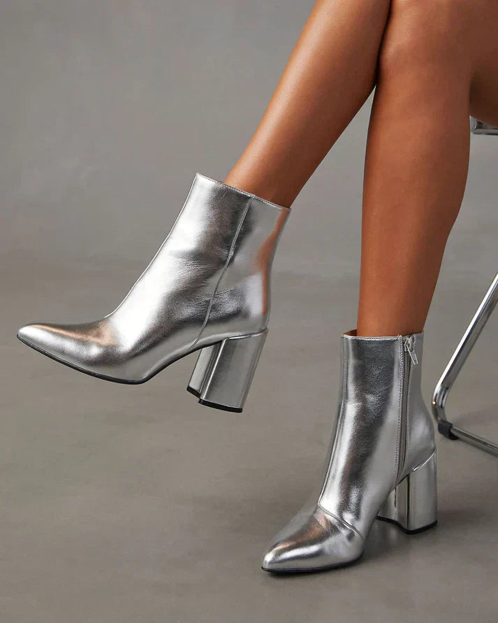 Damen Stiefeletten Metallic Look | Silber Blockabsatz