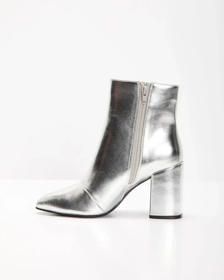 Damen Stiefeletten Metallic Look | Silber Blockabsatz
